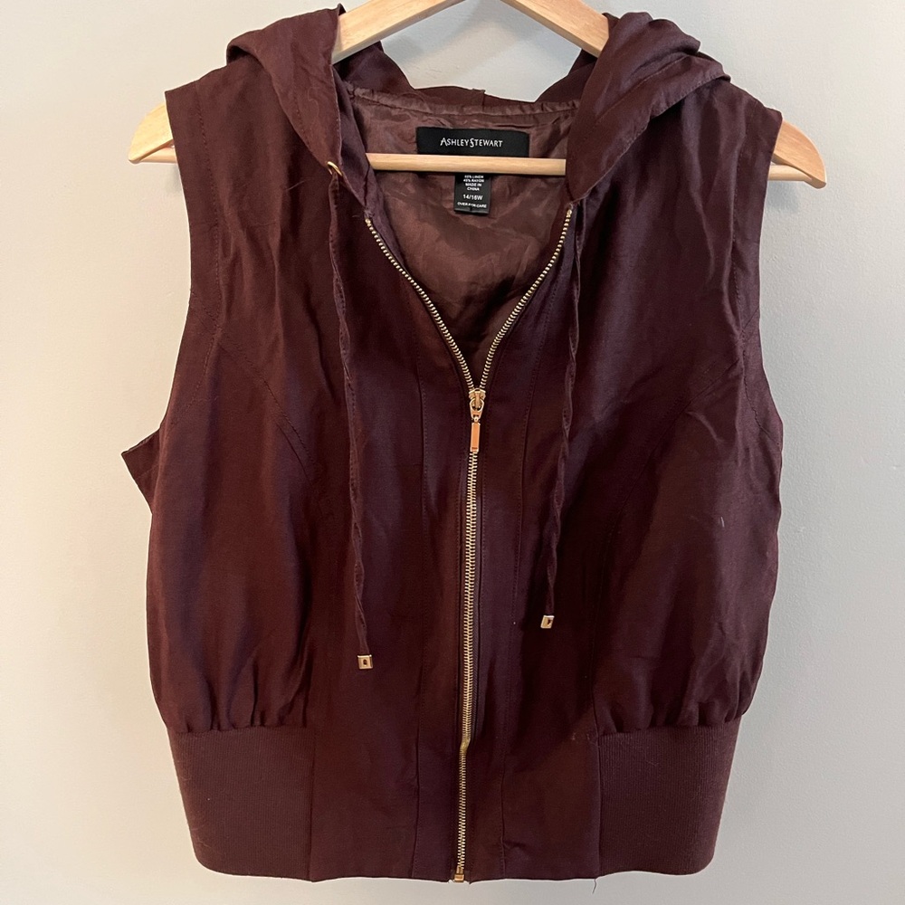 Women's Ashley Stewart Brown Linenβ Blend Zip Up Hooded Vest Size 14/16